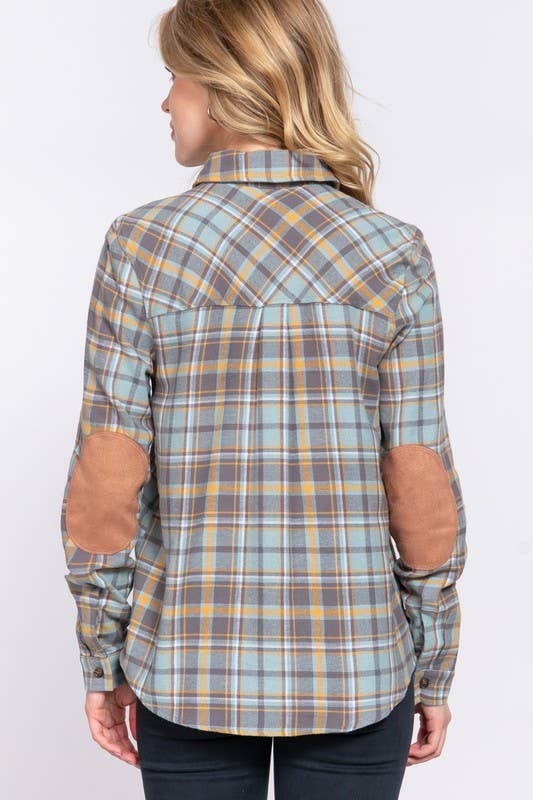 Sage Green & Grey Plaid Flannel Shirt