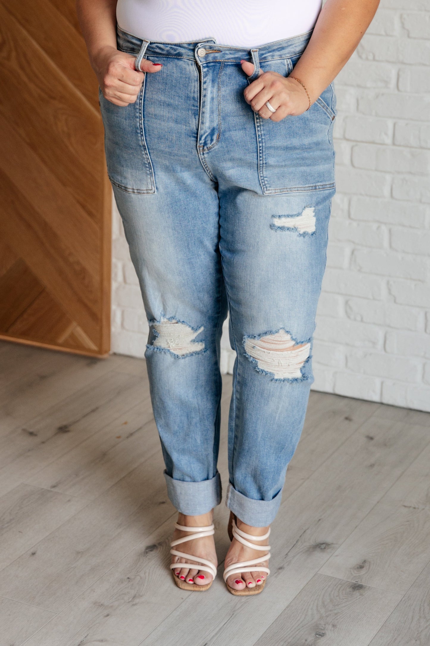 Judy Blue Aiden Patch Pocket Distressed Boyfriend Jeans