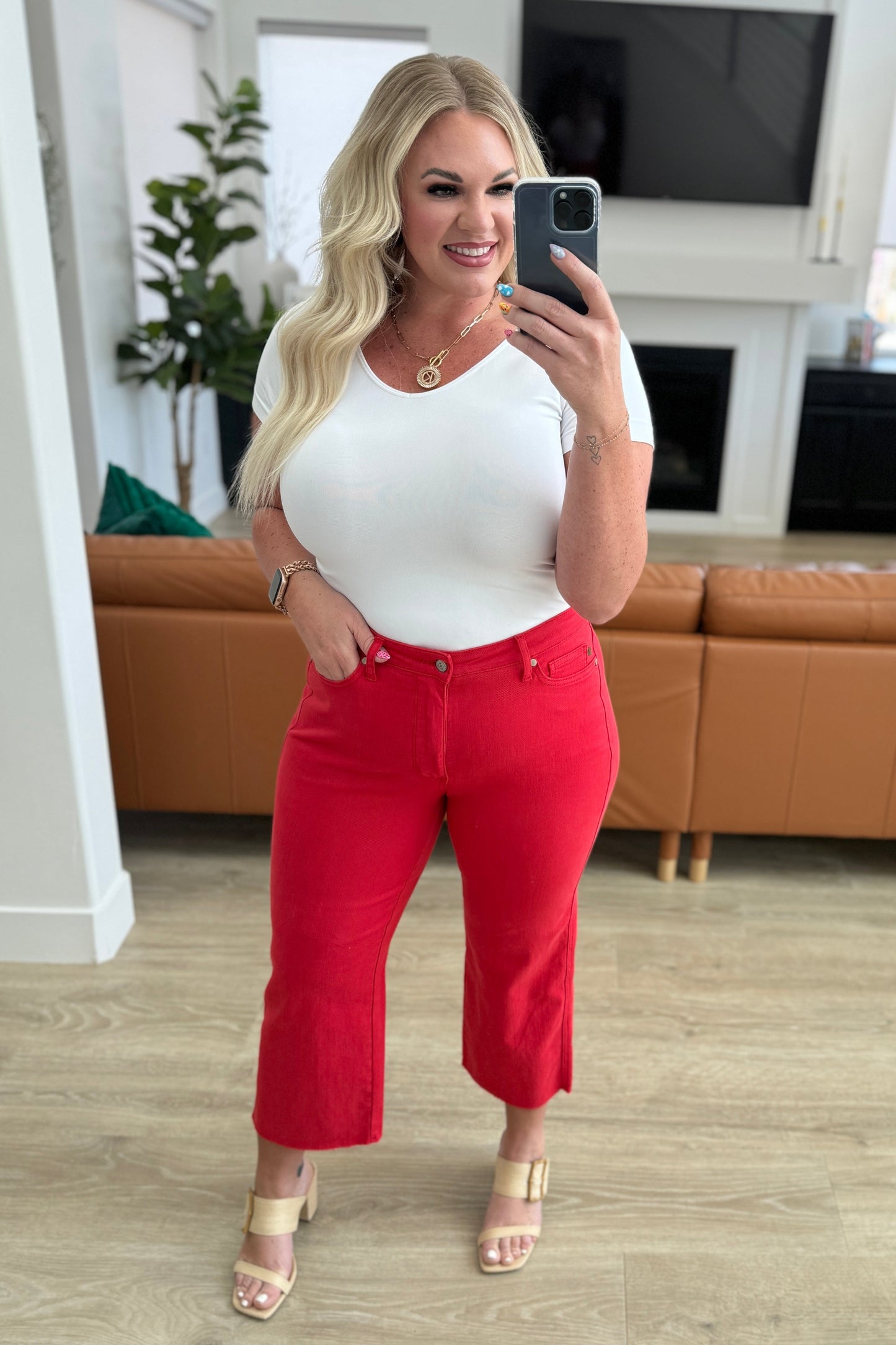 Judy Blue Lisa High Rise Wide Leg Crop Jeans in Red