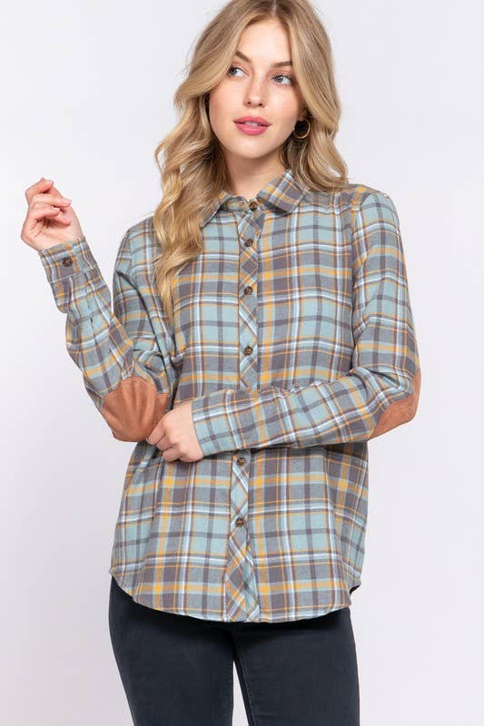 Sage Green & Grey Plaid Flannel Shirt