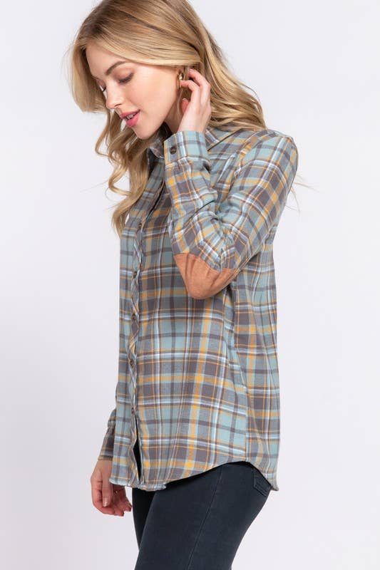 Sage Green & Grey Plaid Flannel Shirt