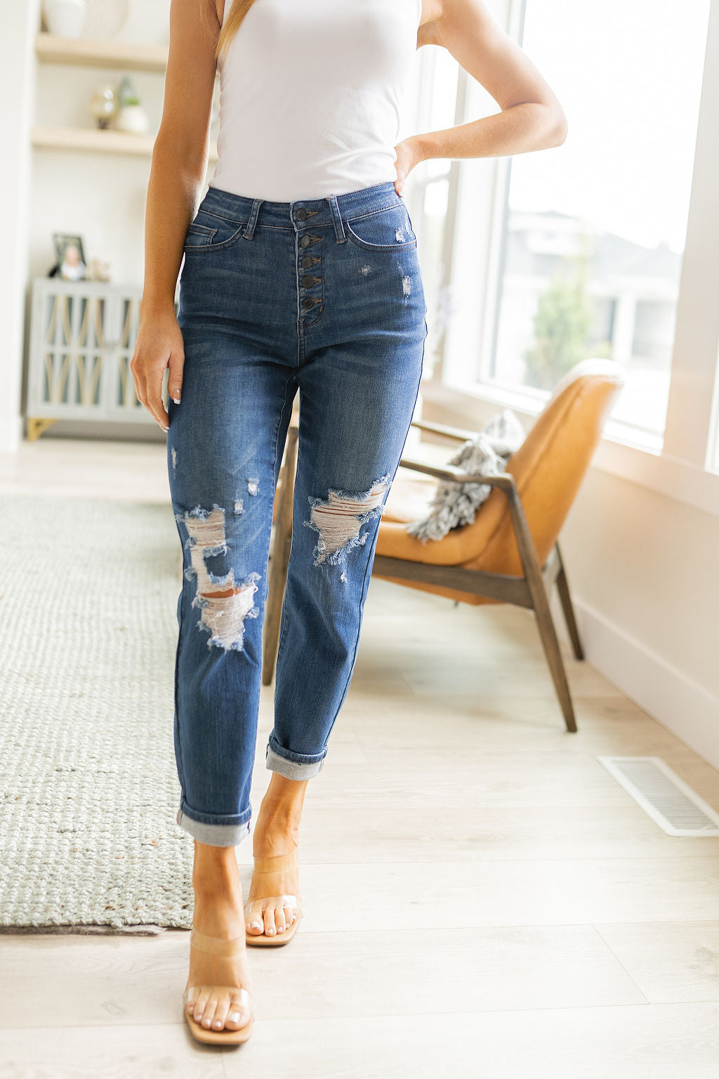 Judy Blue Colt Button Fly Distressed Boyfriend Jeans